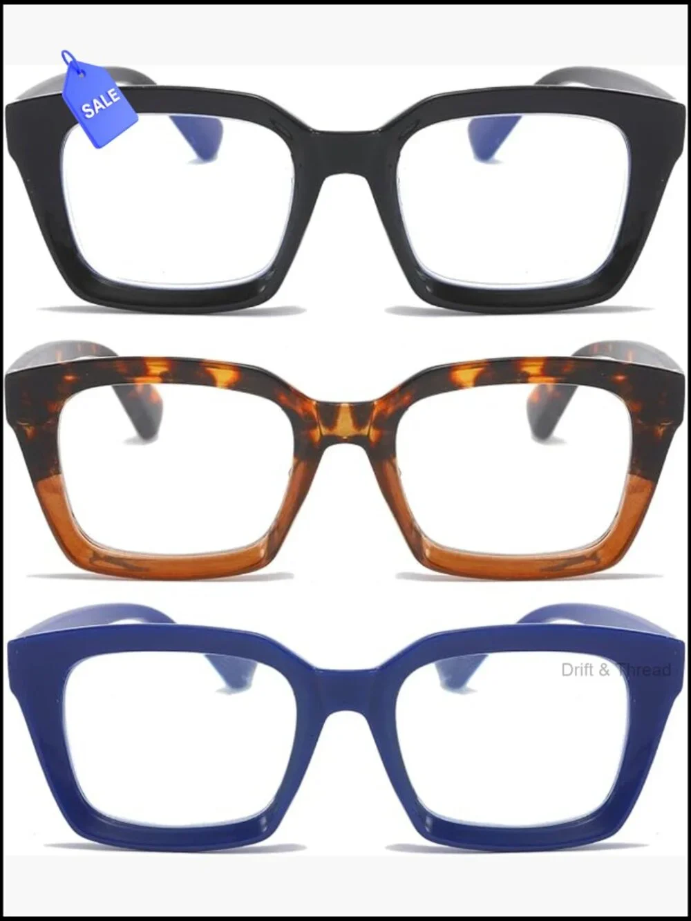 3 Pack Retro Oversized Square Reading Glasses Blue Light Blocking Readers